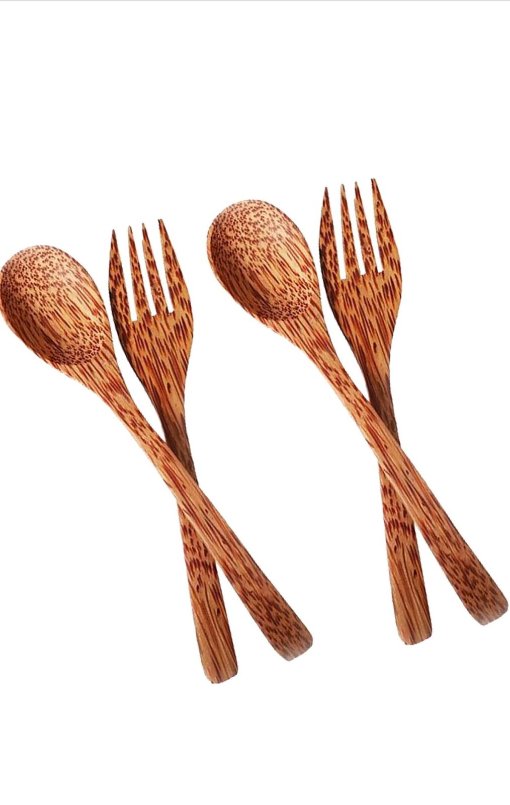 Anketras Natural Coconut Palm Wood Spoon and Fork Set, Handcrafted, Reusable, for Dining, Serving and Gifting, 2 Spoons and 2 Forks